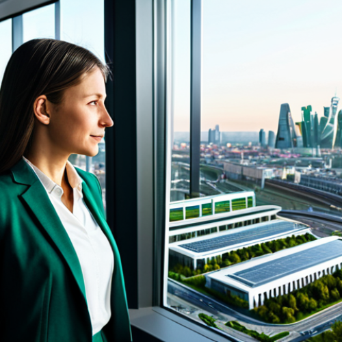 A professional female urban planner, mid-30s, dressed in a modest business suit, standing in a contemporary office. She is looking at a detailed holographic projection of a sustainable city model, showcasing green infrastructure and efficient transport networks. In the background, a large window reveals a modern cityscape with touches of futuristic, eco-friendly architecture, reminiscent of Moscow's evolving skyline. The scene is well-lit with soft natural light, highlighting advanced technology and a forward-thinking atmosphere. Perfect anatomy, correct proportions, natural pose, well-formed hands, proper finger count, natural body proportions, professional photography, high quality, safe for work, appropriate content, fully clothed, professional, family-friendly.