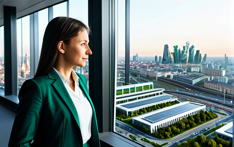 A professional female urban planner, mid-30s, dressed in a modest business suit, standing in a contemporary office. She is looking at a detailed holographic projection of a sustainable city model, showcasing green infrastructure and efficient transport networks. In the background, a large window reveals a modern cityscape with touches of futuristic, eco-friendly architecture, reminiscent of Moscow's evolving skyline. The scene is well-lit with soft natural light, highlighting advanced technology and a forward-thinking atmosphere. Perfect anatomy, correct proportions, natural pose, well-formed hands, proper finger count, natural body proportions, professional photography, high quality, safe for work, appropriate content, fully clothed, professional, family-friendly.