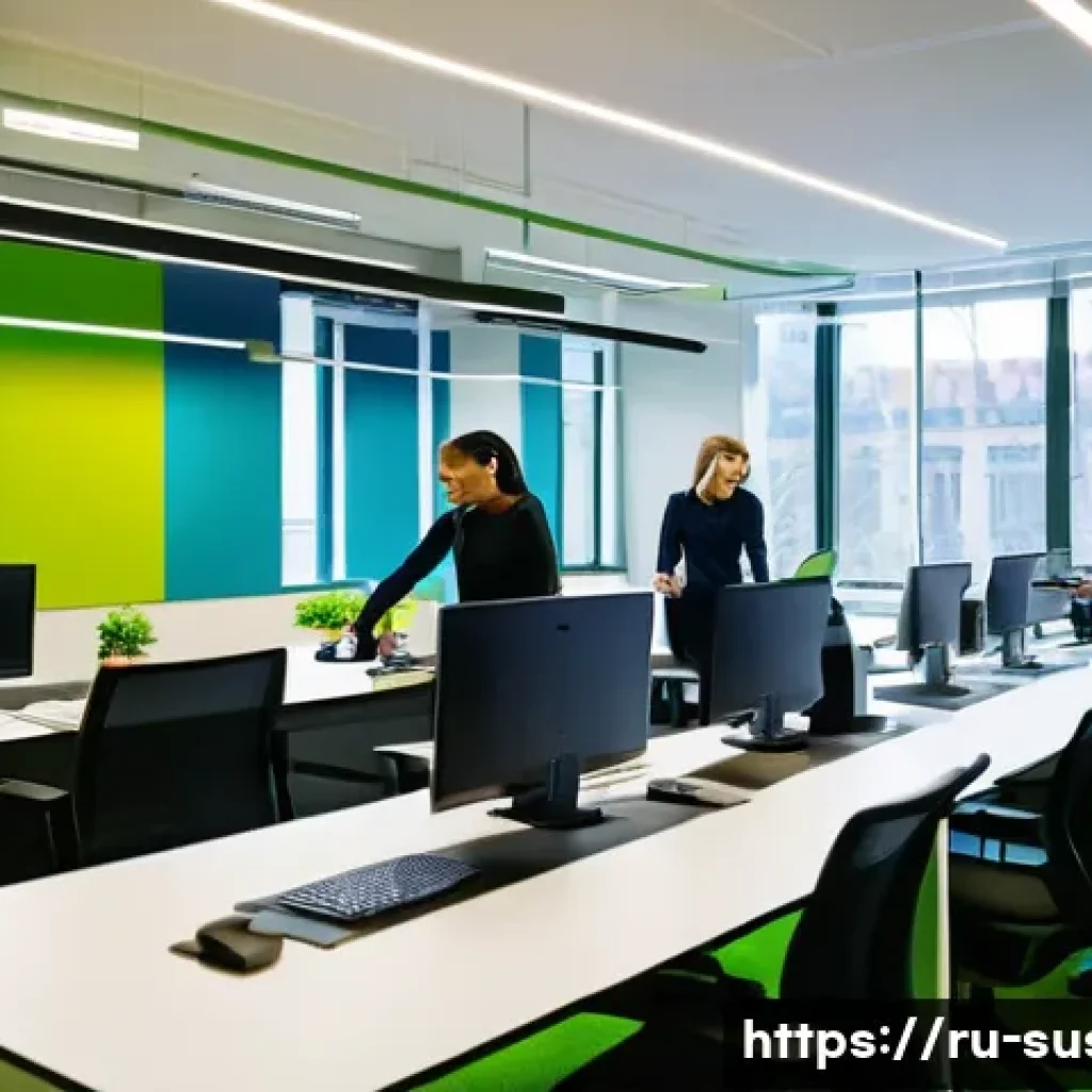ESG와 지속가능성의 연계성 - **Prompt:** A brightly lit, modern office interior in Moscow. Employees are collaborating on laptops...