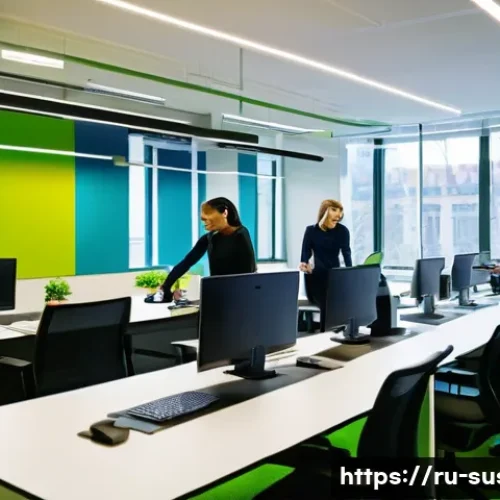 ESG와 지속가능성의 연계성 - **Prompt:** A brightly lit, modern office interior in Moscow. Employees are collaborating on laptops...