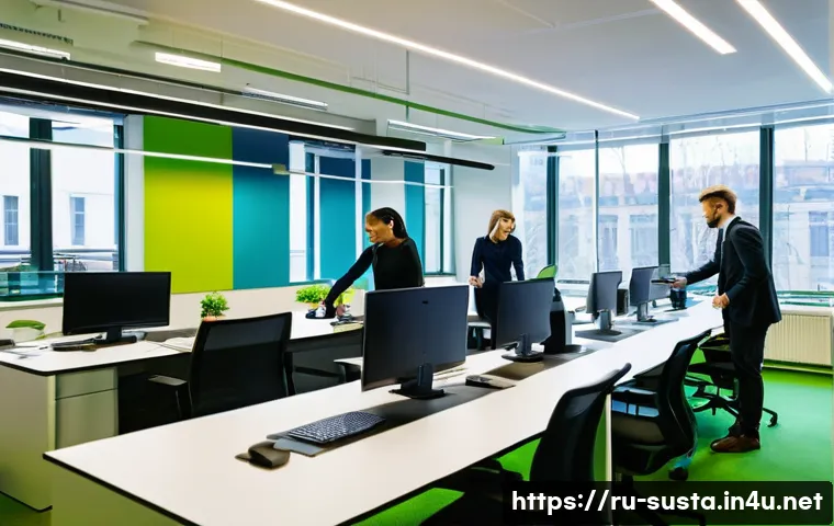 ESG와 지속가능성의 연계성 - **Prompt:** A brightly lit, modern office interior in Moscow. Employees are collaborating on laptops...