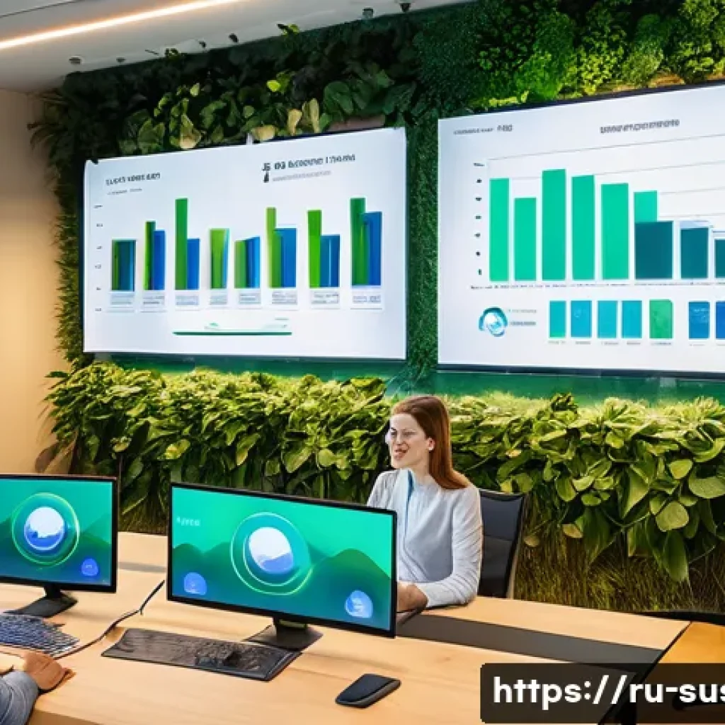 지속가능성 프로젝트 보고서 작성법 - A modern corporate office meeting room scene focused on a diverse team of professionals analyzing su...