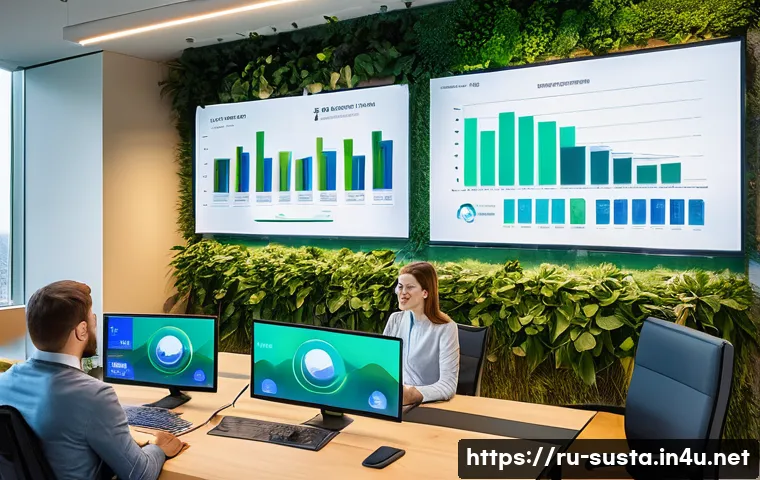 지속가능성 프로젝트 보고서 작성법 - A modern corporate office meeting room scene focused on a diverse team of professionals analyzing su...