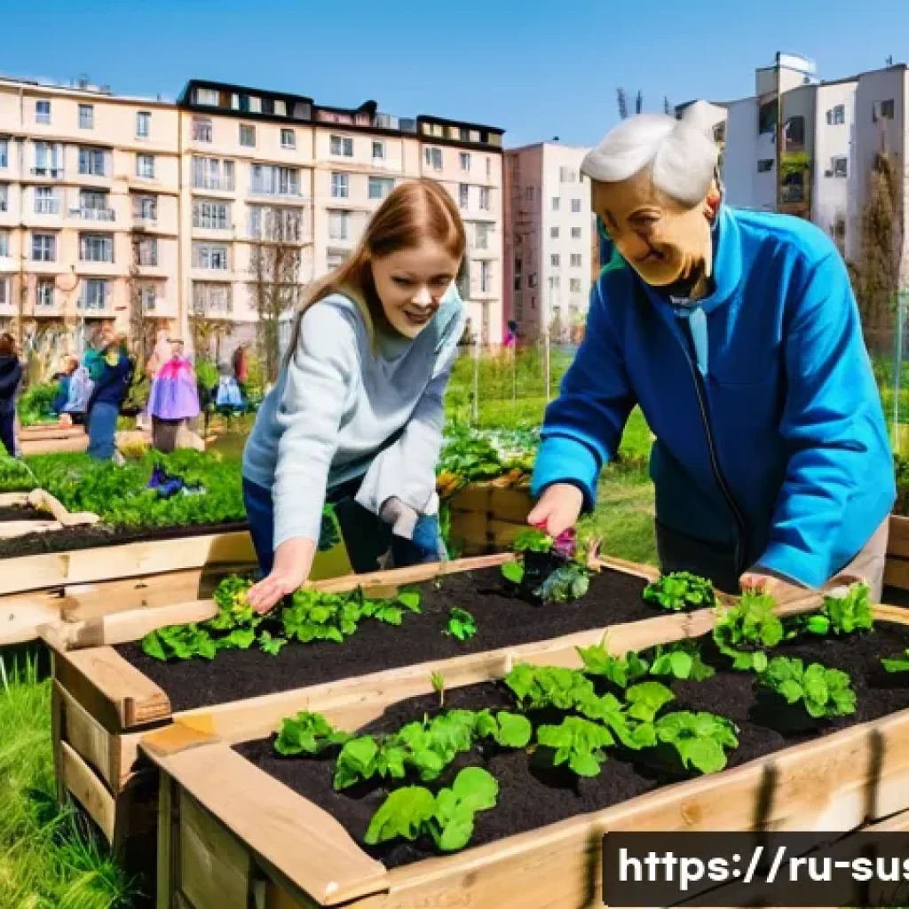 지속가능성과 지역사회 프로젝트 사례 - A vibrant community garden in Saint Petersburg, Russia, during a sunny spring day. Diverse residents...