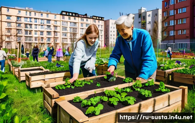 지속가능성과 지역사회 프로젝트 사례 - A vibrant community garden in Saint Petersburg, Russia, during a sunny spring day. Diverse residents...