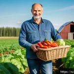 Home 18 지속가능성 교육 프로그램 설계법 - A middle-aged Russian farmer standing proudly in a lush green field with diverse crops, wearing casu...