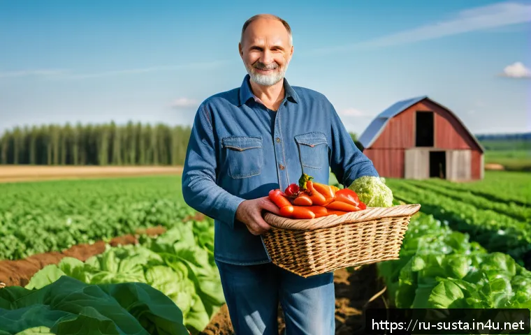 지속가능성 교육 프로그램 설계법 - A middle-aged Russian farmer standing proudly in a lush green field with diverse crops, wearing casu...