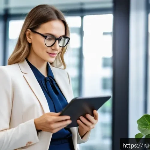 Home 17 지속가능성 자격증 종류 및 비교 - A professional Russian businesswoman in a modern office environment, reviewing sustainable developme...