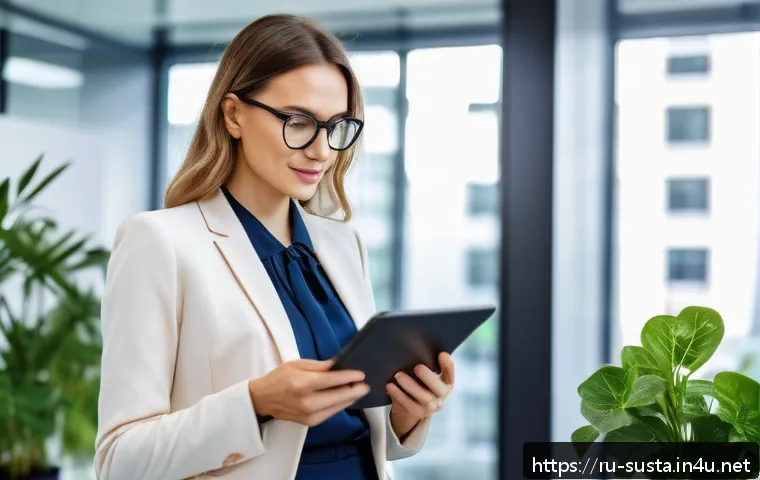 지속가능성 자격증 종류 및 비교 - A professional Russian businesswoman in a modern office environment, reviewing sustainable developme...